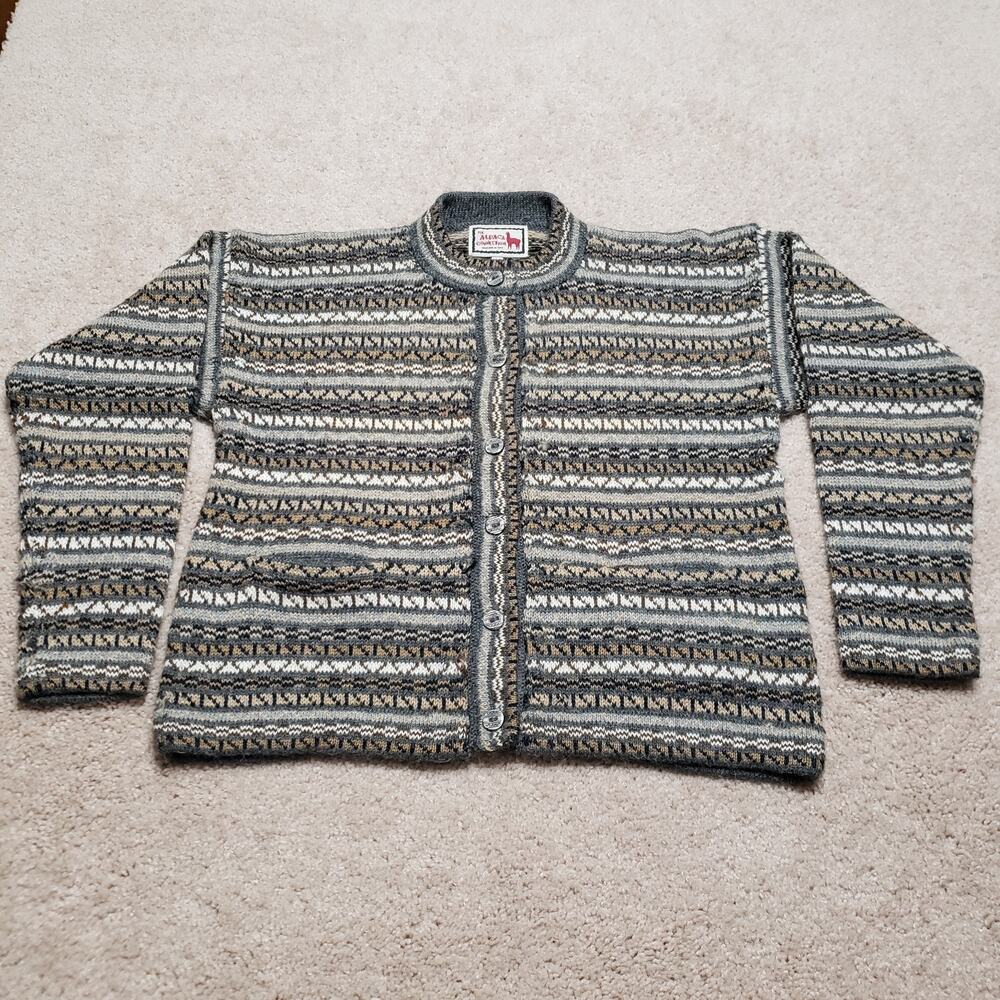 Alpaca Connection Cardigan Womens Large Brown Gray Black Wool Sweater Peru